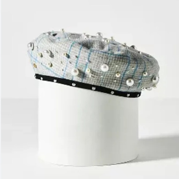 NWT LELE SADOUGHI Gingham Plaid Blue Pearl Embellishment Beret - Picture 2 of 6